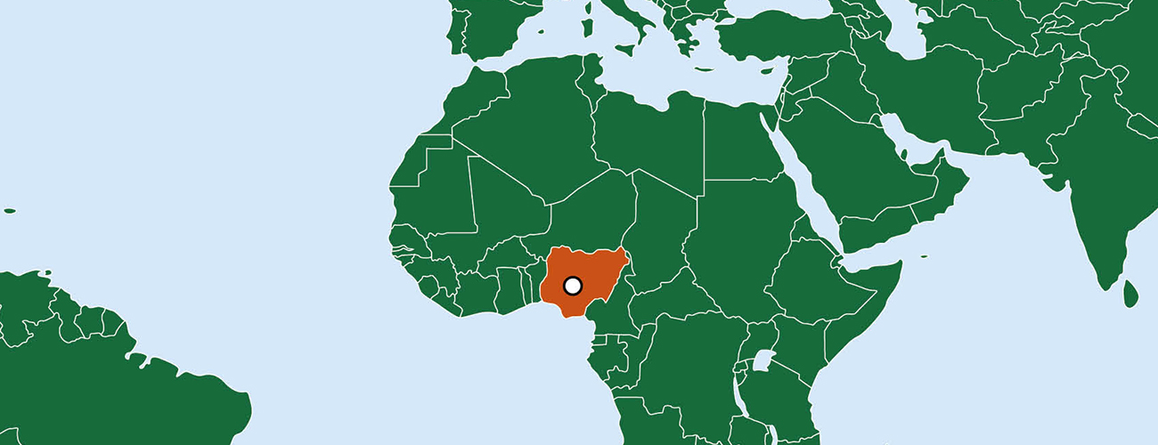 Afrikan karttaan merkitty Nigerian rajat ja pääkaupunki Abuja.