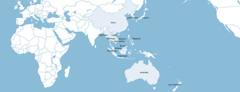 Kartassa merkittynä Aasian kauppaliittoon kuluvat maat