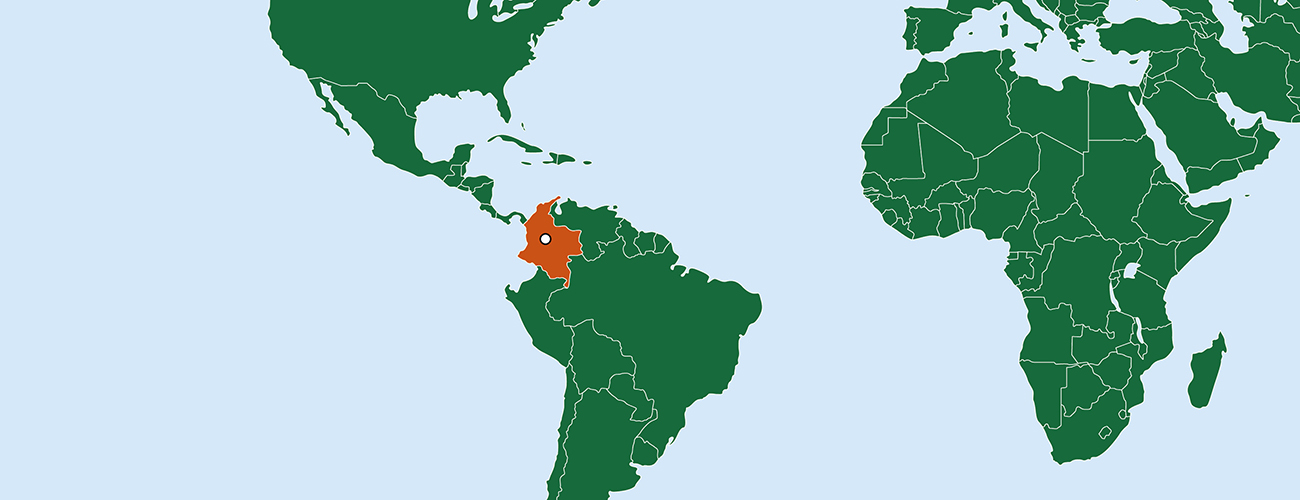 Maailmankarttaan on merkitty Kolumbian valtio ja sen pääkaupunki Bogota.