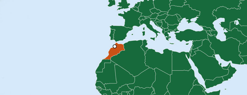 Piirretty kartta, jossa näkyy Välimeren ympäristö. Kartassa korostettuna Marokko ja sen pääkaupunki Rabat.