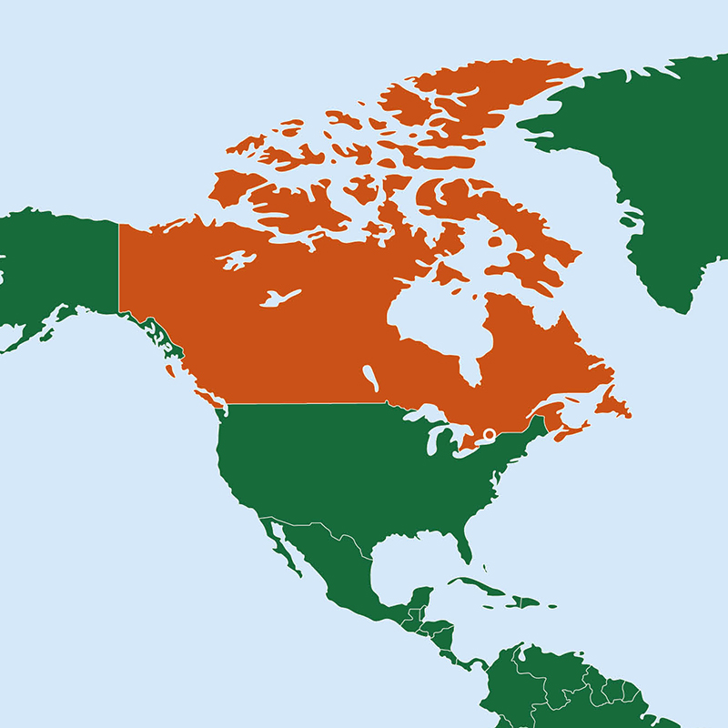 Kartta, jossa Kanada korostettu oranssilla värillä.