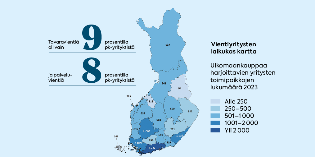 Suomen kartta, johon on merkitty maakunnittain ulkomaankauppaa harjoittavien vientiyritysten määrä.