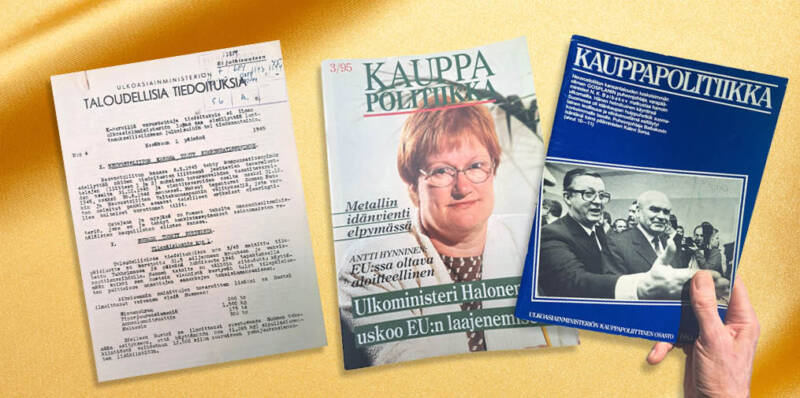 Kauppapolitiikan kansia eri vuosikymmeniltä.