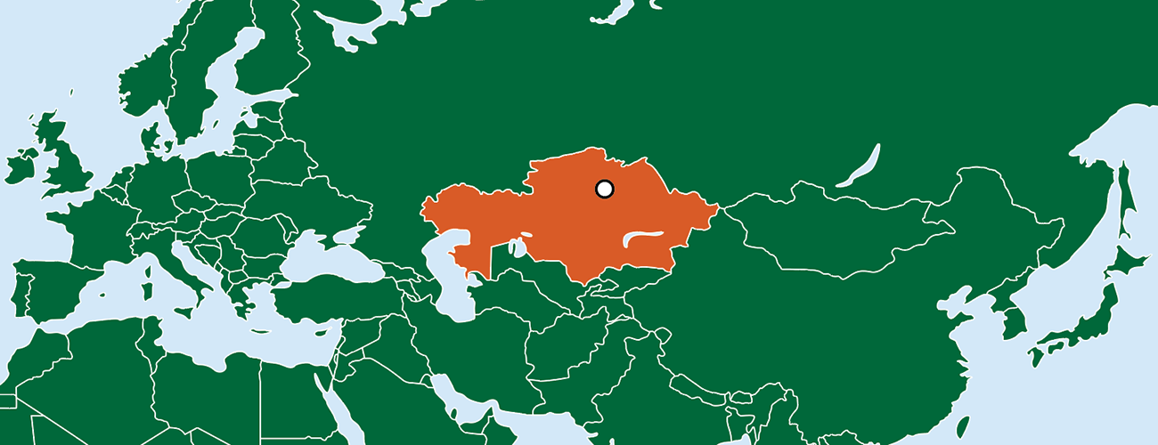 Kazakstanin kartta, johon on merkitty maan pääkaupunki Nur Sultan.