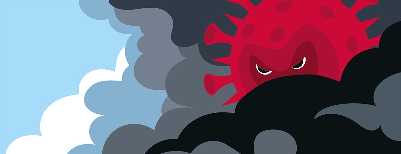 Iso punainen koronavirus tarkkailee synkkien pilvien välistä kansainvälistä lento- ja rekkaliikennettä.