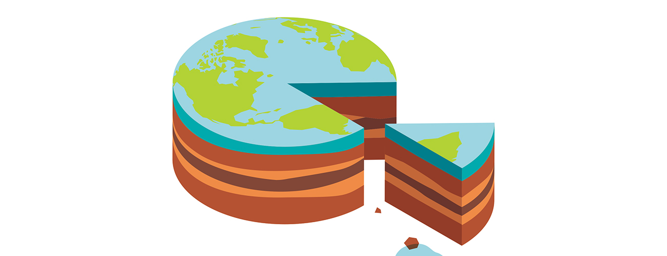 Maapalloa muistuttava kakku, josta on lohkaistu 15 prosentin kokoinen pala.