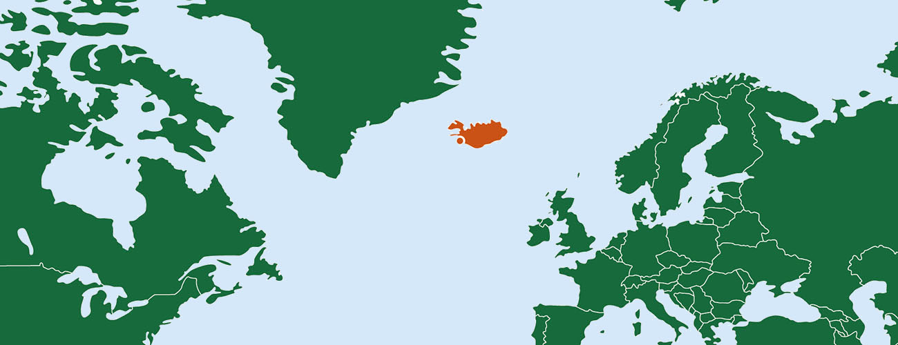 Kartta, johon on merkitty Islanti ja sen pääkaupnki Reykjavík.