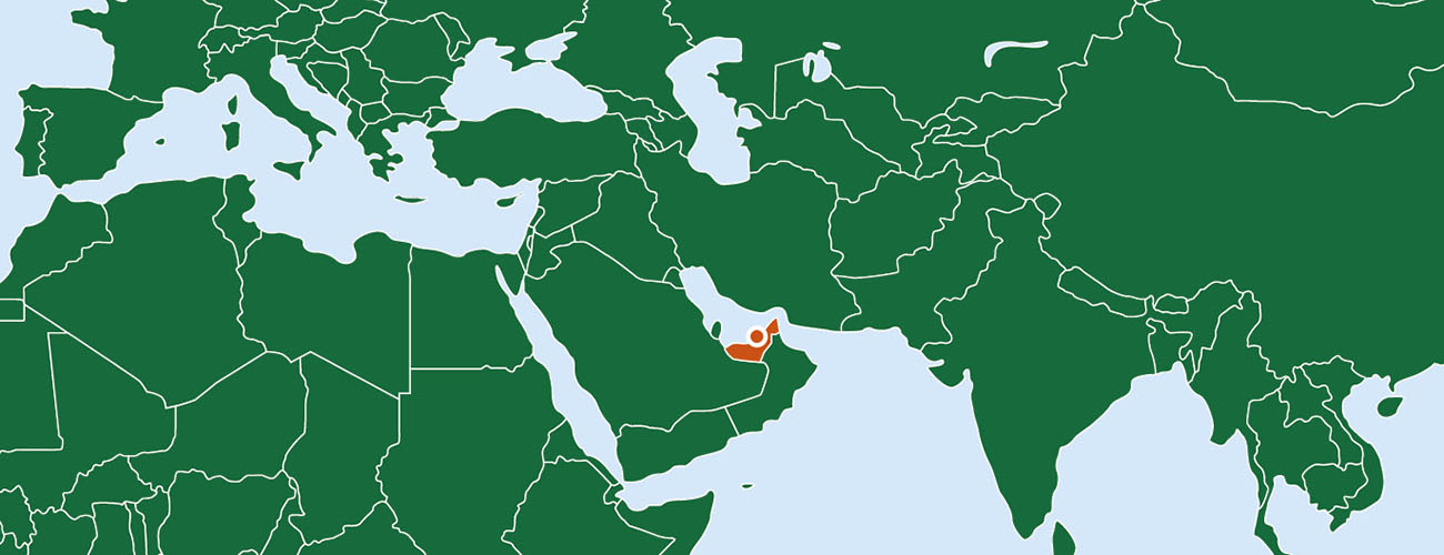 Kartta, jossa Yhdistyneet arabiemiirikunnat on korostettuna.