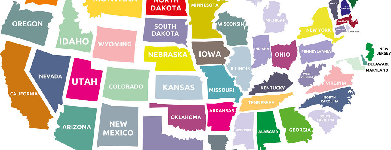 Värikäs piirretty kartta, jossa Yhdysvaltojen osavaltiot.