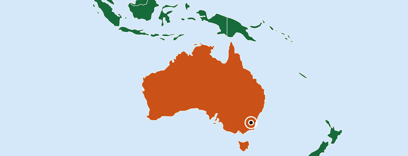 Kartta, jossa näkyy Australia ja sen pääkaupunki Canberra.