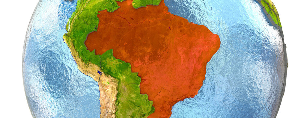 Etelä-Amerikan kartta vihreällä, jossa Brasilia korostettu punaisella värillä.