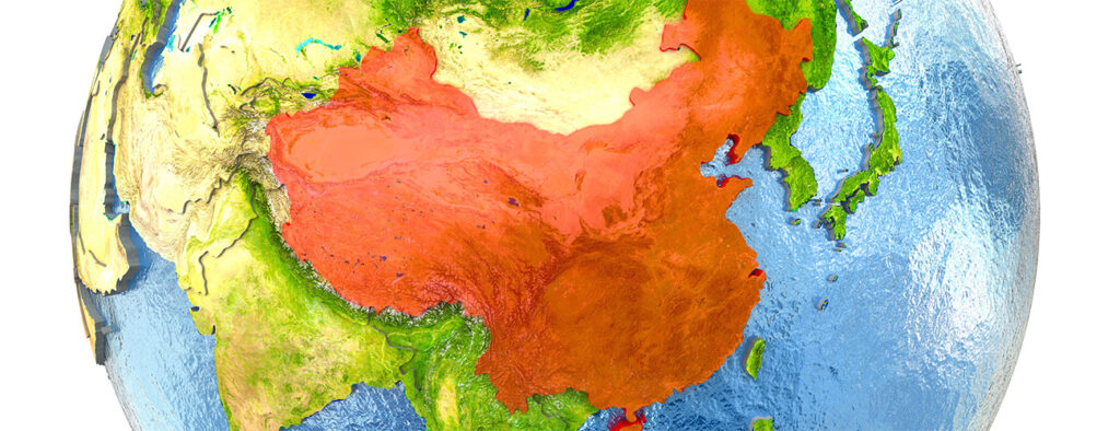 Aasian mantere vihreällä, jossa Kiina korostettu punaisella värillä.