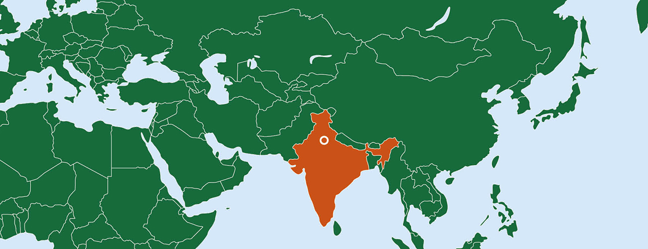 New Delhin kaupunki merkitty Intian karttaan pienellä ympyrällä.