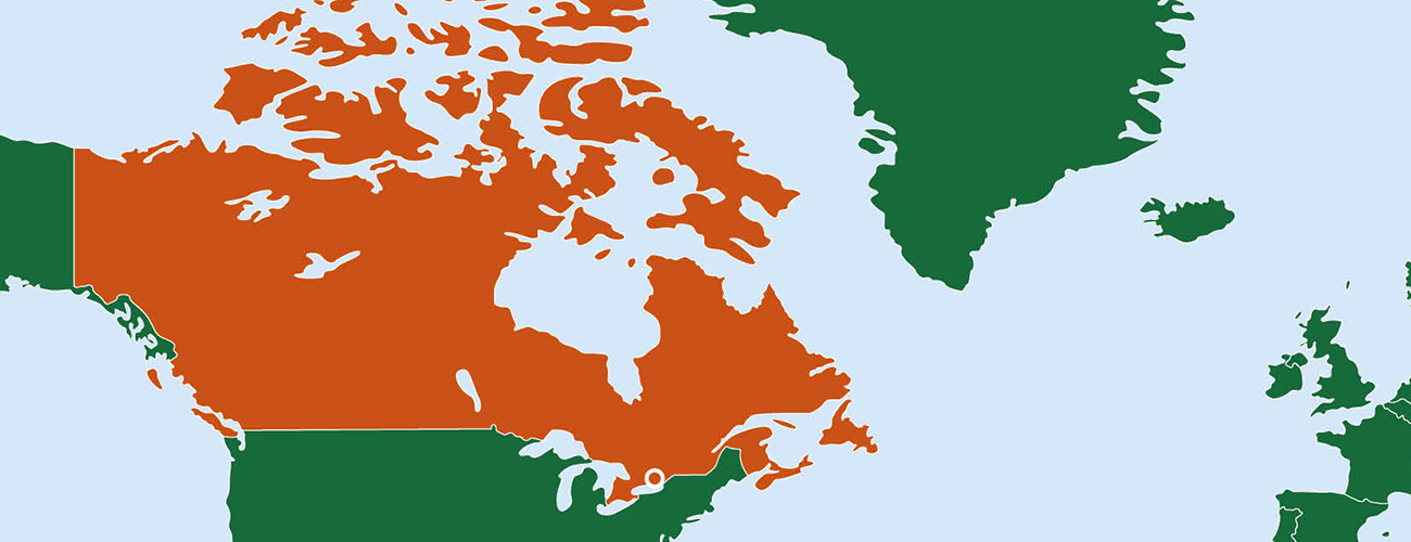 Kartta, jossa Kanada korostettu oranssilla värillä.