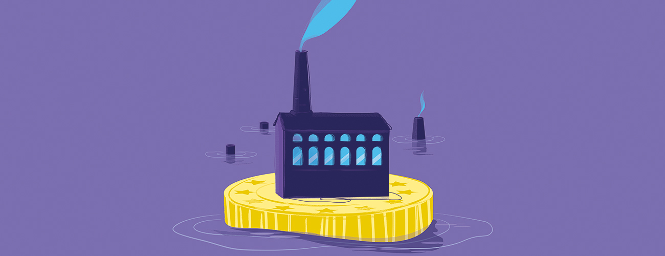 Humoristinen piirroskuva tehdasrakennuksesta euron kolikon päällä, jota valtiontuet pitävät pinnalla muiden yritysten vajottua jo vedenpinnan alapuolellel