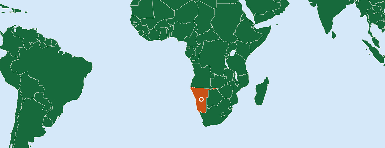 Kartta, jossa Namibia korostettu oranssilla värillä.