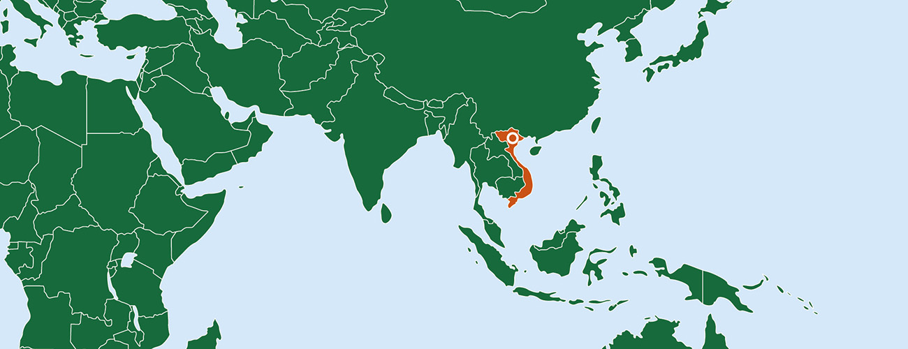 Kartta, jossa Vietnam korostettu oranssilla värillä.